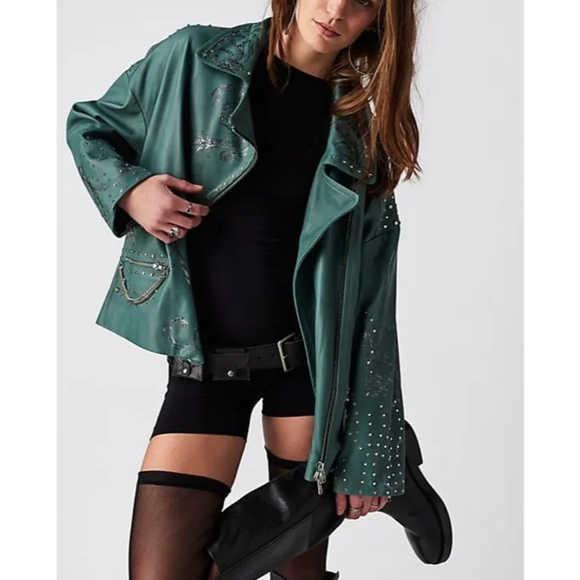 Free People x Nigel Preston Chain Embellished Biker Jacket Aqua - Picture 4 of 17